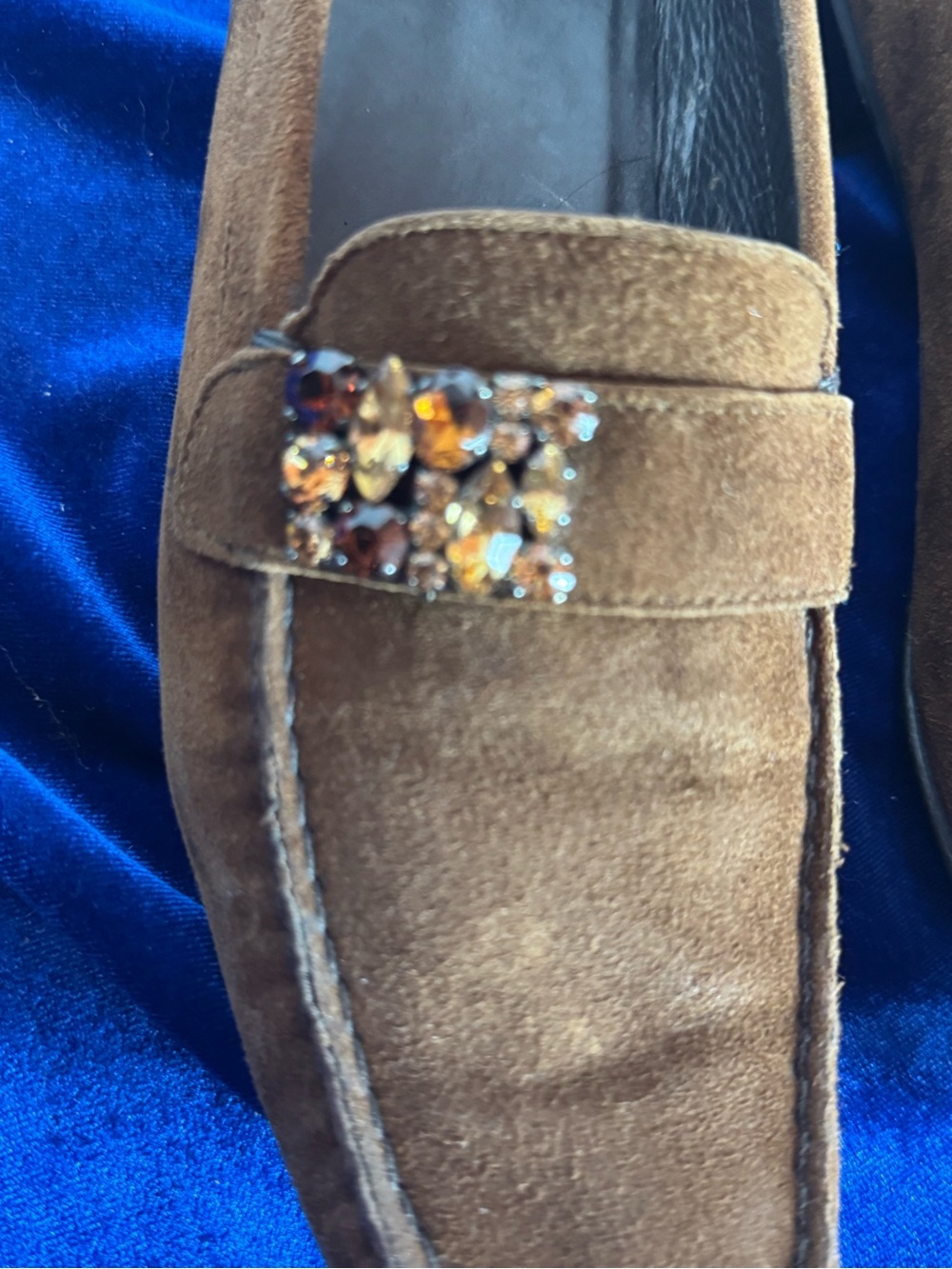 Stuart Weitzman Brown Suede Slip-On Loafers with Jewel Accent - Picture 8 of 10